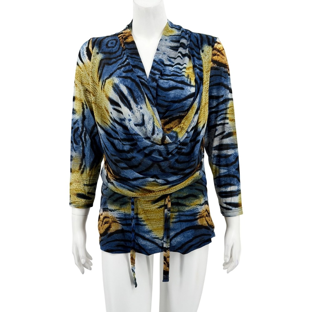 Juliette Top Womens Large Blue Yellow Abstract Stretch Sheer Artsy Tie Waist